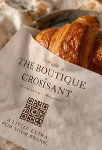 Croissant in einer Papierverpackung mit dem Aufdruck „The Boutique Croissant – A little extra for your brand“ und einem QR-Code