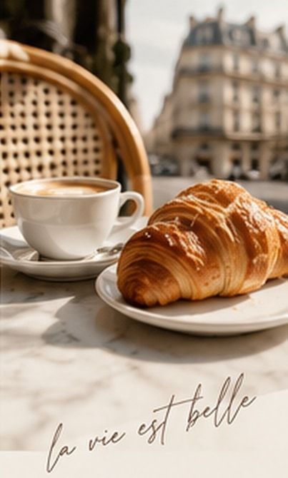 Cappuccino und Croissant auf einem Marmortisch in einem Straßencafé, dazu der Schriftzug „la vie est belle“